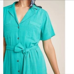 Anthropologie Turquoise Button-Front Tie-Waist Shirt Dress